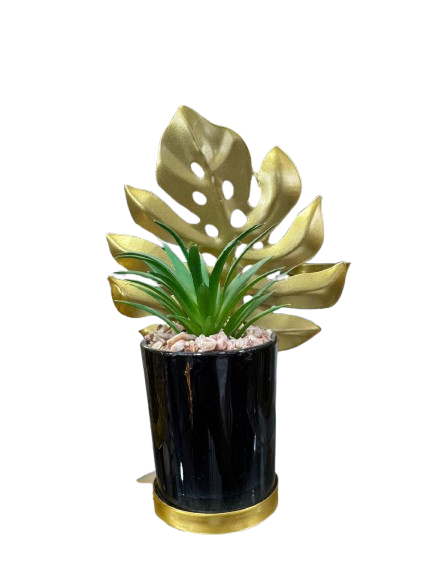 Gold Monstera Leaf Plant Display - Tropical Botanical Décor